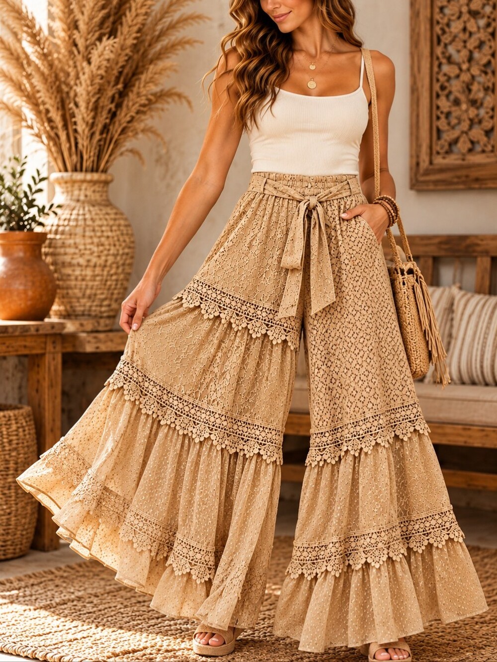 577.Bohemian Lace Tiered Wide-Leg Pants - Beige